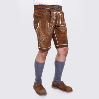 Detailed Fine Embroidery on Rustic Brown Lederhosen