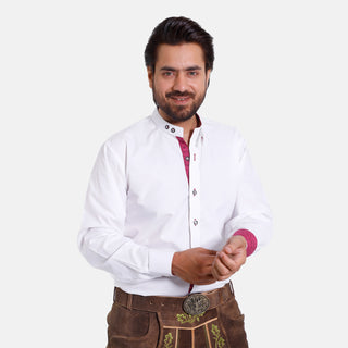 Premium White Mens Lederhosen Shirt with Pinkish Accents