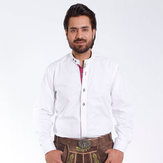 Premium White Mens Lederhosen Shirt with Pinkish Accents