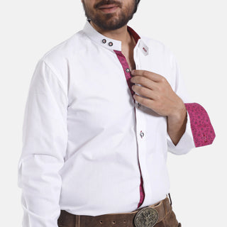 Premium White Mens Lederhosen Shirt with Pinkish Accents