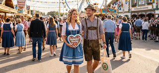 Couple in traditional Dirndl and Lederhosen enjoying Oktoberfest during peak festival season in Munich.