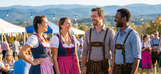 Festivalgoers in dirndls and lederhosen at an outdoor Oktoberfest celebration in Virginia.