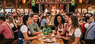 Visitors enjoying Blumenau Oktoberfest with Bavarian attire, German traditions, and festive beer hall atmosphere.