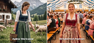 Comparison of historical Alpine workwear and contemporary German Dirndl worn at Oktoberfest.