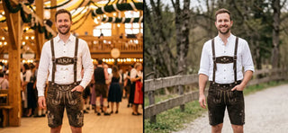 Premium lederhosen compared with normal lederhosen, highlighting differences in leather quality, embroidery, fit, durability, and authentic Bavarian craftsmanship for Oktoberfest.