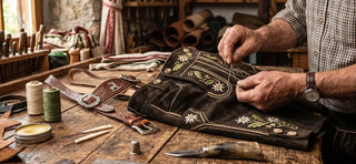 Craftsman hand-stitching embroidered lederhosen, showing how to make lederhosen unique with personalized details and traditional Bavarian craftsmanship.