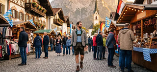 Visitor wearing traditional lederhosen walking through a busy Bavarian marketplace, showcasing how tourism supports the lederhosen market and local businesses.