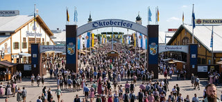 Crowds walking into Oktoberfest in Munich surrounded by iconic beer halls and Bavarian festival banners.