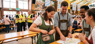 Oktoberfest visitors wearing traditional Bavarian outfits checking a festival map while planning their route, emphasizing Oktoberfest safety tips, crowd navigation, and staying safe at the festival.
