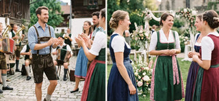 Men's Lederhosen and women's Dirndl outfits styled for traditional Bavarian celebrations and special events.