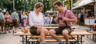 Budget-friendly lederhosen styling for Oktoberfest featuring a couple in affordable traditional Bavarian outfits, perfect for achieving an authentic Oktoberfest look without overspending.