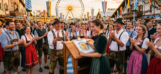 Florian Huber presenting the winning Oktoberfest logo during Munich's official contest celebration.