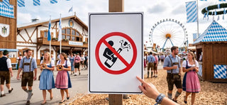 Oktoberfest 2026 safety sign banning champagne showers at Munich festival grounds.