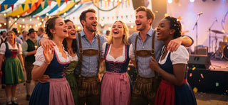 Friends in traditional Bavarian attire celebrating at Oktoberfest before the official anthem reveal.