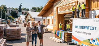 Workers preparing Oktoberfest festival grounds by constructing traditional beer tents and event structures, showcasing exciting Oktoberfest 2026 preparations and new festival attractions.