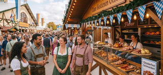Visitors enjoying authentic Oktoberfest food booths featuring Bavarian cuisine, bratwurst, roasted chicken, pretzels, and traditional festival vendors at Oktoberfest 2026.