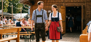 Traditional Oktoberfest couple costume ideas featuring authentic lederhosen for men and a classic dirndl dress in a Bavarian festival setting.