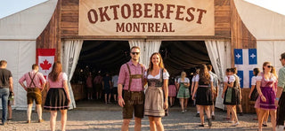 Visitors in traditional dirndl and lederhosen entering Oktoberfest Montreal festival grounds for Bavarian food, beer, and live entertainment.