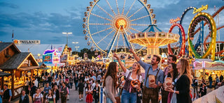 Visitors experiencing the exciting side of Oktoberfest with illuminated carnival rides, a Ferris wheel, Bavarian treats, and vibrant festival attractions creating an unforgettable Oktoberfest celebration.