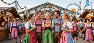 Friends in traditional Dirndl and Lederhosen enjoying Oktoberfest while following Bavarian festival traditions.