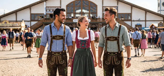 Oktoberfest festival visitors in traditional lederhosen and dirndl showcasing Bavarian culture at one of the world's largest beer festivals.