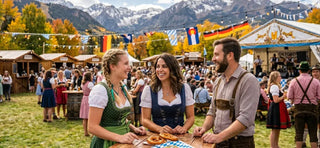 Friends celebrating Colorado Oktoberfest in traditional dirndls and lederhosen at a mountain festival.