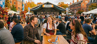 Oktoberfest celebration in Massachusetts featuring traditional attire, live music, and outdoor dining.