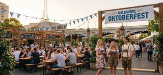 Melbourne Oktoberfest festival featuring Bavarian beer gardens, traditional German clothing, food vendors, and festive crowds.