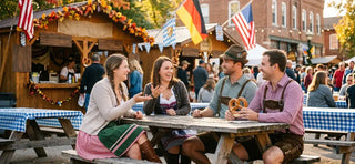 Outdoor Oktoberfest celebration in Missouri featuring Bavarian costumes, food, and festive market stalls.