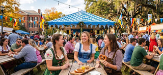 Outdoor Oktoberfest celebration in South Carolina featuring Bavarian food, beer, and traditional clothing.