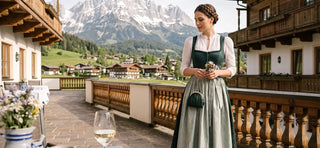 Elegant Dirndl dress with a classic midi length for traditional Bavarian celebrations and events.