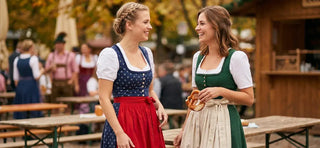 Traditional dirndl dresses with contrasting apron colors showcasing classic Bavarian Oktoberfest fashion.