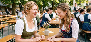 Women wearing traditional dirndl dresses with braided German hairstyles, showcasing popular Bavarian hairdos that complete the Oktoberfest look.