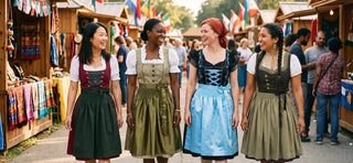 Diverse women in traditional dirndl dresses highlighting regional variations of Bavarian attire.