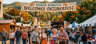 South Dakota Oktoberfest celebration featuring traditional Bavarian clothing, festive food stalls, beer tents, and welcoming festival crowds.