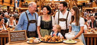 Traditional Bavarian family dining inside Munich's Paulaner Festzelt during Oktoberfest celebrations.