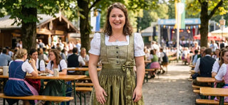 Woman in a flattering dirndl dress styled for a curvy body type at a Bavarian festival.