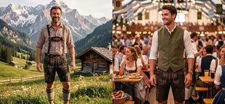Side-by-side comparison of traditional vs. modern lederhosen, featuring a classic Bavarian outfit in the Alps and a contemporary Oktoberfest festival style.