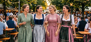 Group of women in fashionable dirndl dresses highlighting Oktoberfest 2026 fashion trends.