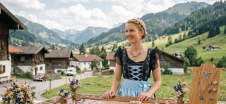 Woman in a Bavarian dirndl wearing traditional Trachtenschmuck jewelry in an Alpine village.