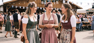 rending dirndl colors for Oktoberfest showcasing elegant Bavarian dresses in green, mauve, and burgundy at a festive celebration.