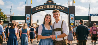 Couple dressed in authentic Bavarian clothing arriving at Oktoberfest, showcasing proper festival traditions and etiquette.