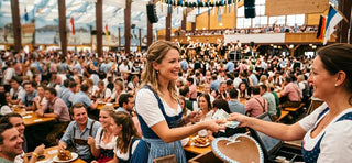 Oktoberfest attendees buying refreshments in a packed beer tent, highlighting the festival's economic impact.