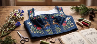 Hand-embroidered Dirndl bodice with traditional Bavarian floral patterns and symbolic designs.