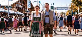 Man wearing lederhosen and woman wearing a traditional dirndl at Oktoberfest, showcasing classic Bavarian outfits for men and women.