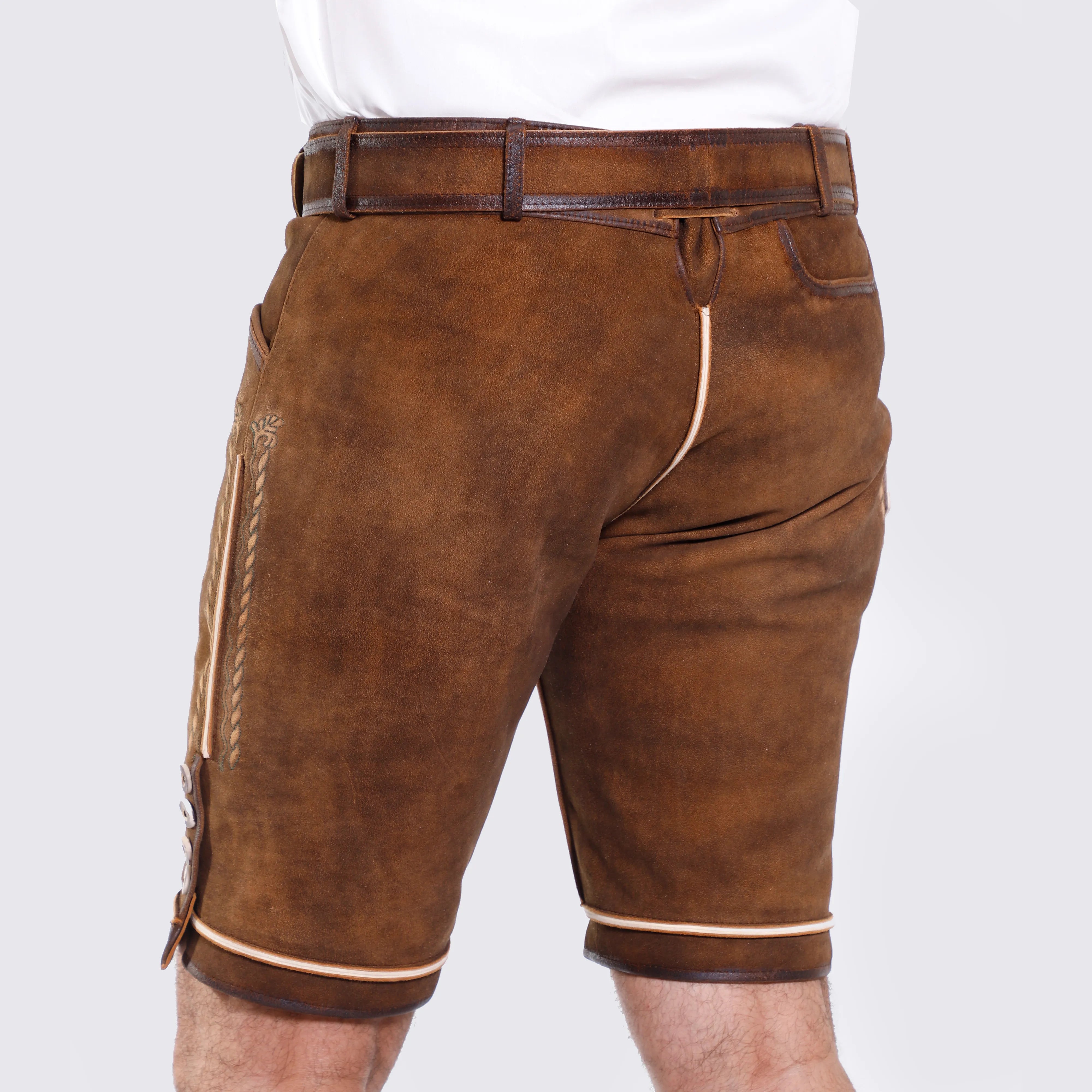 thumbnail image 2 of Genuine Leather Bavarian Lederhosen – Men's Oktoberfest Shorts – Brown, Adjustable Waist 2 of 4