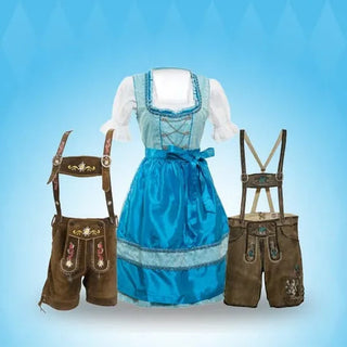 Blue dirndl and brown lederhosen, traditional Oktoberfest outfits for men and women.