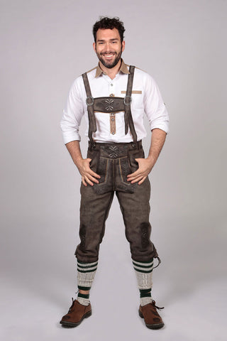 Dark gray knee-length trachten bundhosen for men with embroidered detailing, traditional suspenders, and authentic Bavarian Oktoberfest outfit styling