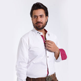 Premium White Mens Lederhosen Shirt with Pinkish Accents