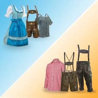 Blue dirndl with white blouse for women and brown lederhosen with checkered shirt for men.